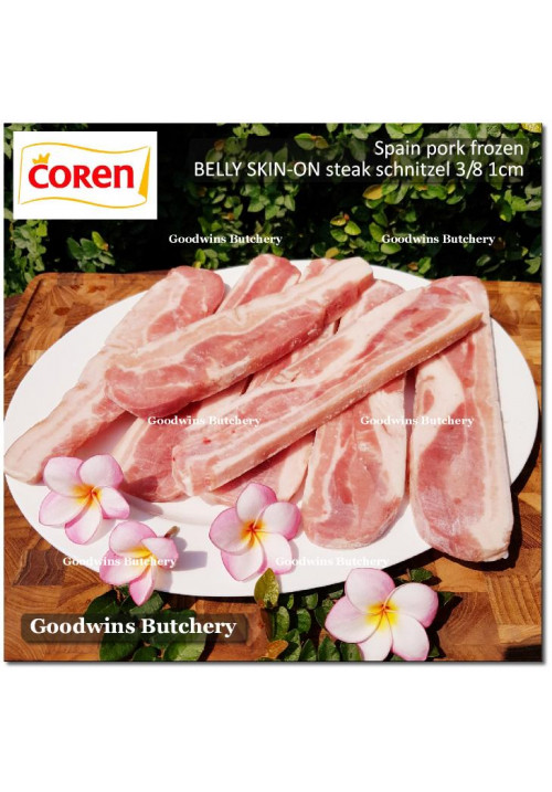 Pork BELLY SKIN ON samcan frozen Spain COREN DUROC SELECTA (fed w/ chestnuts) steak schnitzel 3/8" 1cm (price/pack 600g 4-5pcs)